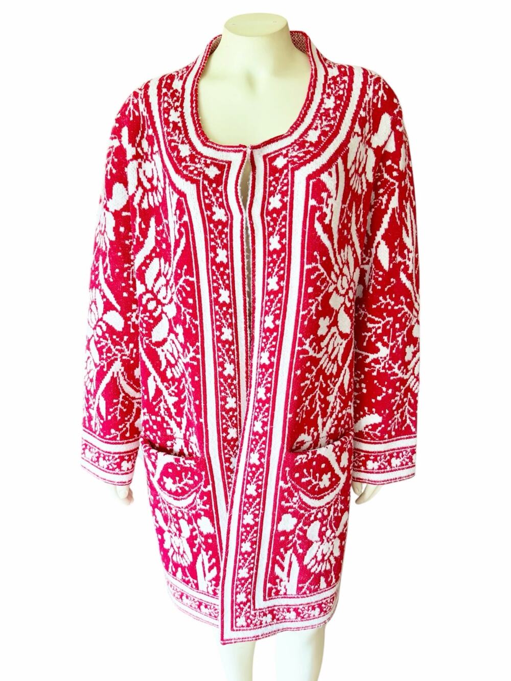 Maxsport Red White Jacquard Floral Long Cardigan Sweater Women's Size Medium